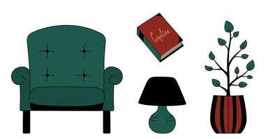 Doodle set of interior items. Isolated hand drawn armchair, lamp, house plant, book clip art. Vector cozy illustration