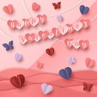 Happy valentines day paper cut style with colorful heart shape in pink background vector