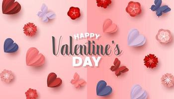 Happy valentines day paper cut style with colorful heart shape in pink background vector