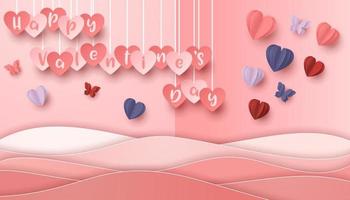 Happy valentines day paper cut style with colorful heart shape in pink background vector