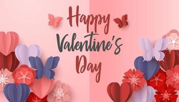 Happy valentines day paper cut style with colorful heart shape in pink background vector