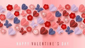 Happy valentines day paper cut style with colorful heart shape in pink background vector