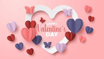 Happy valentines day paper cut style with colorful heart shape in pink background vector