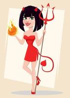 Devil girl for Halloween. Sexy she-devil with trident in one hand and flame in another. vector