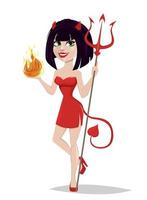 Devil girl for Halloween. Sexy she-devil with trident in one hand and flame in another. vector