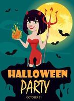 chica del diablo para la invitación de la fiesta de halloween. diablesa sexy con tridente en una mano y llama en la otra. vector