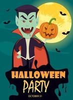 Halloween invitation or greeting card. Funny vampire holding pumpkin vector