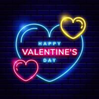 Happy Valentine's Day background with bright pink vector neon heart on red brick walls