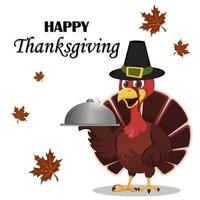 Thanksgiving greeting card with a turkey bird wearing a Pilgrim hat and holding restaurant cloche vector