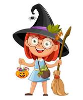 Cute young beautiful witch, cartoon girl. vector