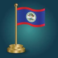 Belize national flag on golden pole on gradation isolated dark background. table flag, vector illustration