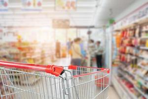 supermarket aisle blur abstract background with empty red shopping cart photo