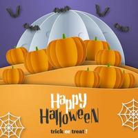 Happy Halloween banner background with clouds and pumpkins in paper cut style. Full moon in the sky, spiders web, skull, ghost and flying bats. Vector Illustration