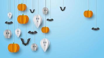 Happy Halloween banner background with clouds and pumpkins in paper cut style. Full moon in the sky, spiders web, skull, ghost and flying bats. Vector Illustration
