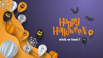 Happy Halloween banner background with clouds and pumpkins in paper cut style. Full moon in the sky, spiders web, skull, ghost and flying bats. Vector Illustration