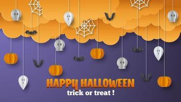 Happy Halloween banner background with clouds and pumpkins in paper cut style. Full moon in the sky, spiders web, skull, ghost and flying bats. Vector Illustration