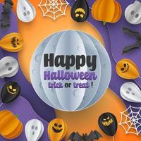 Happy Halloween banner background with clouds and pumpkins in paper cut style. Full moon in the sky, spiders web, skull, ghost and flying bats. Vector Illustration