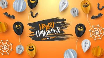 Happy Halloween banner background with clouds and pumpkins in paper cut style. Full moon in the sky, spiders web, skull, ghost and flying bats. Vector Illustration