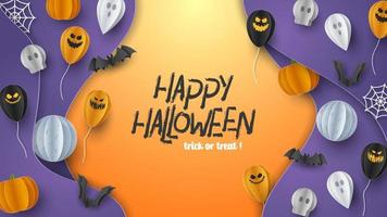 Happy Halloween banner background with clouds and pumpkins in paper cut style. Full moon in the sky, spiders web, skull, ghost and flying bats. Vector Illustration