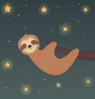 Cute lazy sloth sleeping on a branch of the tropical tree in the night. Starry sky background. Cartoon style, vector illustration for kids, babies