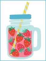 Strawberry lemonade in a jar with a straw. Cranberries in a glass. Lemonade on a transparent background. Graph vector illustration. Natural organic food.