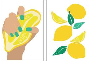 Lemon in modern style. A woman's hand with a manicure holds a lemon. Vector illustration poster set. Modern contemporary fashion vector illustration. Minimal abstract background. Print design.