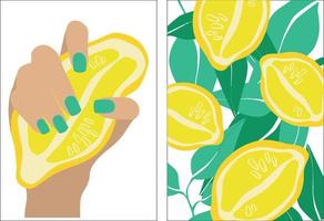 Lemon in modern style. A woman's hand with a manicure holds a lemon. Vector illustration poster set. Modern contemporary fashion vector illustration. Minimal abstract background. Print design.