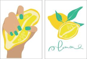 limón en estilo moderno. la mano de una mujer con manicura sostiene un limón. conjunto de carteles de ilustración vectorial. ilustración de vector de moda contemporánea moderna. fondo abstracto mínimo. diseño de impresión.