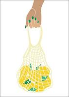 Eco bag mesh string bag with lemons and leaves. A woman's hand holds a string bag with lemons. Zero waste, no plastic concept. Fruit from the local market. Fashion color vector illustration.