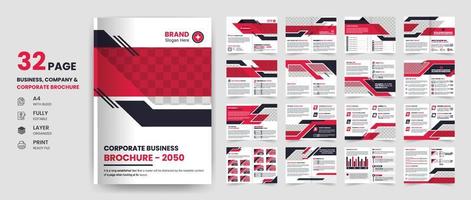 Folleto de negocios corporativos de 32 páginas, perfil de la empresa, informe anual, tarjeta de presentación creativa y diseño de plantilla estacionaria vector
