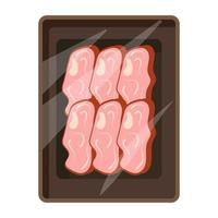 Cartoon meat tray. Frozen food in transparent plastic packaging. Fresh meat deli container icon for supermarket. Food box isolated on white background vector illustration