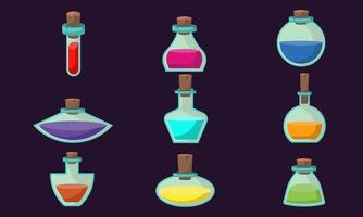 Game icons of bottles with poison or elixir. Cartoon container for health or energy. Collection magical liquid in glass bottles with corks. Vector illustration of magic items or wizard toxic object.