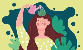 mentalidad de crecimiento positivo en la mujer y visión optimista de la vida. la chica está regando las flores en la cabeza y el cerebro. salud mental y psicológica humana o motivación con ilustración de vector de desarrollo