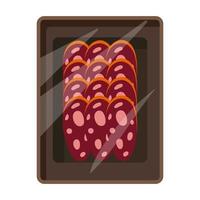 Cartoon meat tray. Frozen food in transparent plastic packaging. Fresh meat deli container icon for supermarket. Food box isolated on white background vector illustration