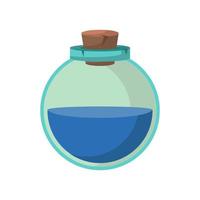 Game icon of bottle with poison or elixir. Cartoon container for health or energy. Magical liquid in glass bottle with cork. Vector illustration of magic item or wizard toxic object.