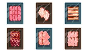 Set of cartoon meat trays. Frozen food in transparent plastic packaging. Collection of fresh meat deli container icon for supermarket. Food box isolated on white background vector illustration