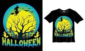 plantilla de diseño de camiseta de halloween. camiseta de halloween con noche, luna, bruja. camiseta de fondo nocturno para imprimir. vector