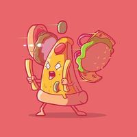 Angry Pizza slice cutting a burger vector illustration. Food, funny, mascot design concept.