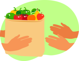 Online food order. Contactless express safe delivery service. Paper package with fresh food from supermarket in gloves hands. Care about health. Flat style. png