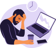 Professional burnout syndrome. Illustration tired office worker sitting at the table. Frustrated worker, mental health problems. png