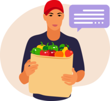 entrega de bienes. mensajero con bolsa de papel con frutas y verduras en sus manos. png