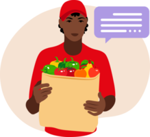 entrega de bienes. mensajero africano con bolsa de papel con frutas y verduras en las manos. png