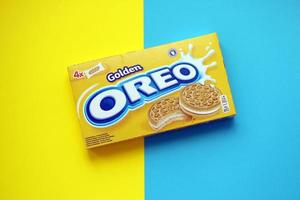 TERNOPIL, UKRAINE - MAY 28, 2022 Oreo golden crispy cookie box. The brand Oreo is owned by company Mondelez international photo