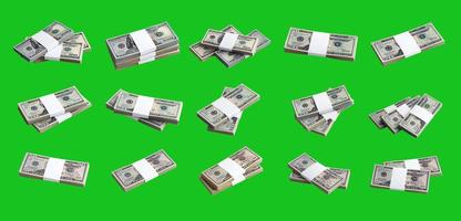 gran conjunto de fajos de billetes de dólares estadounidenses aislados en clave cromática verde. collage con muchos paquetes de dinero americano con alta resolución en un fondo verde perfecto foto