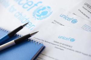 TERNOPIL, UKRAINE - MAY 2, 2022 Request for proposal for services from UNICEF - United Nations programm that provides humanitarian and developmental assistance to children photo