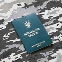 Ukrainian military ID on fabric with texture of pixeled camouflage. Cloth with camo pattern in grey, brown and green pixel shapes with Ukrainian army personal token photo