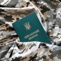 Ukrainian military ID on fabric with texture of pixeled camouflage. Cloth with camo pattern in grey, brown and green pixel shapes with Ukrainian army personal token photo