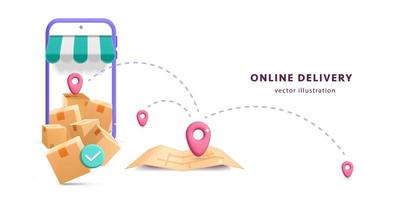 3d vector delivery service with pin location and map  on phone poster design