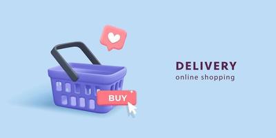 3d vector shopping basket with like icon for online web or mobile app banner design