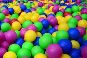 Many colorful plastic balls in a kids' ballpit at a playground. Close up pattern photo